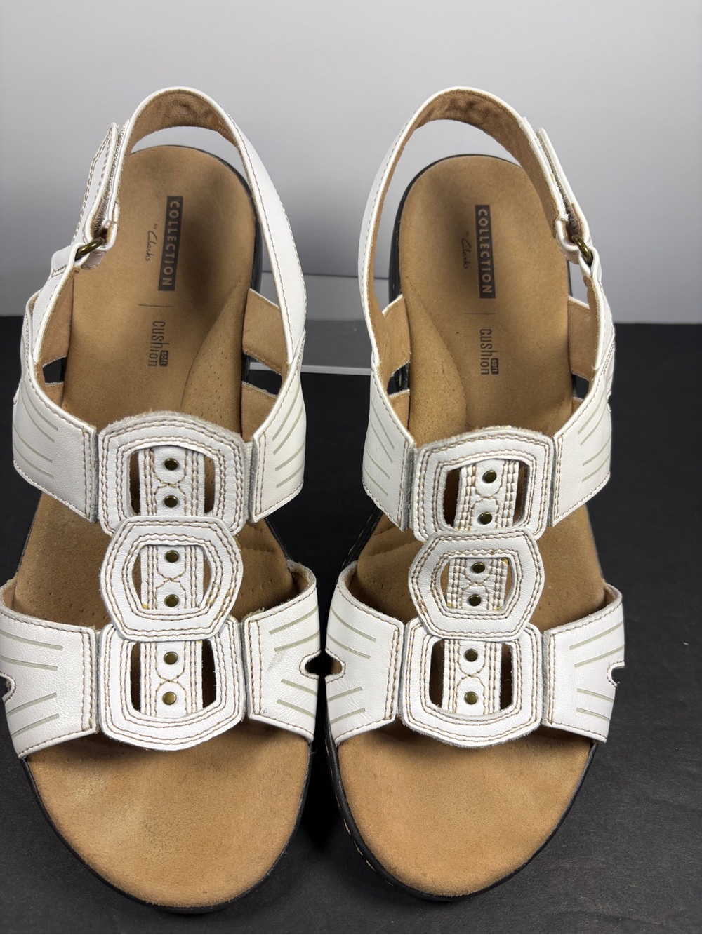 Clarks Leisa Janna White Leather Sandals, comfort cushion soft footbed